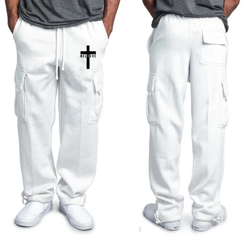 Men Fashion Pants Solid Color Multi Pockets Baggy Pants Casual Loose Trousers Drawstring Cargo Pants