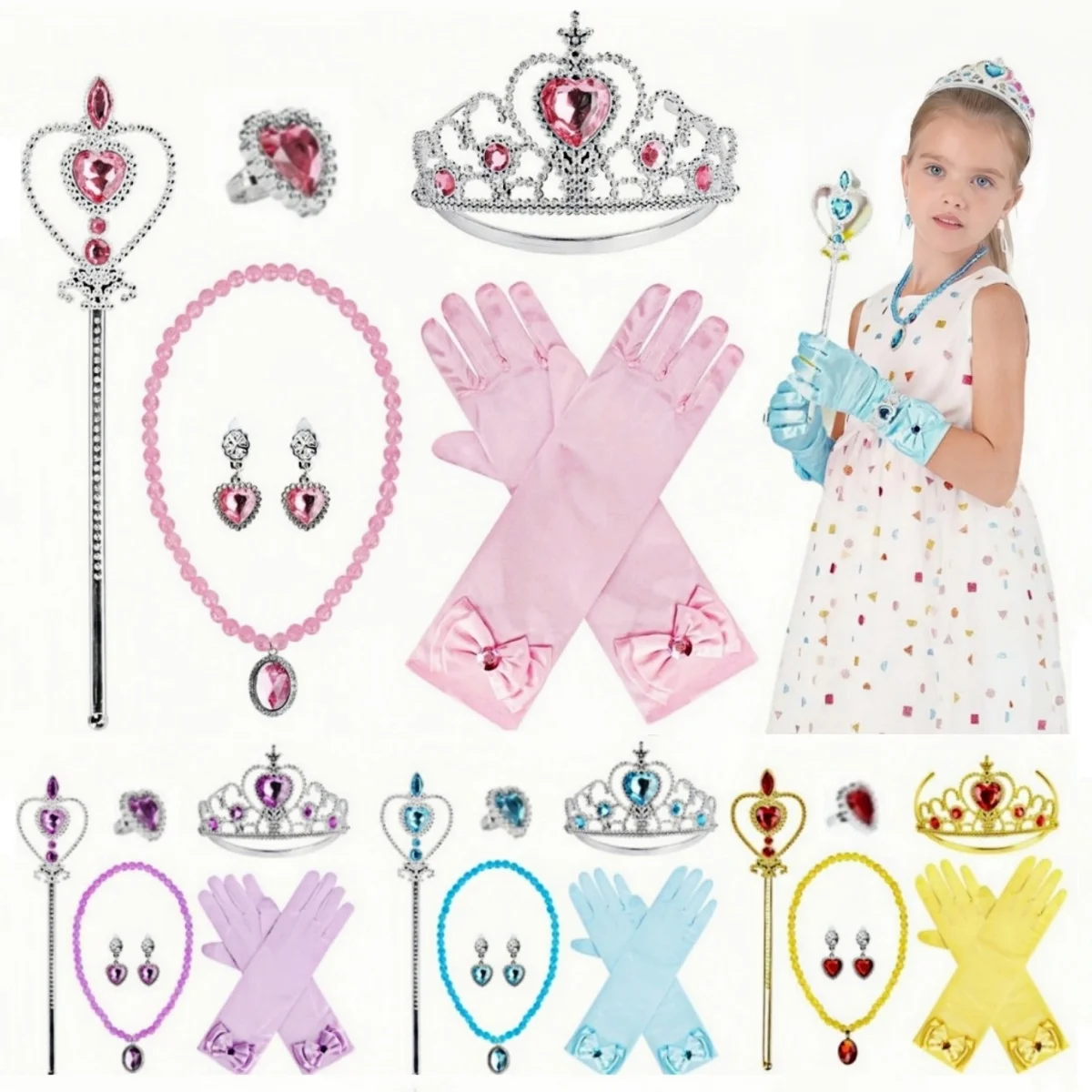 8pcs/Set Girls Princess Dress Accessories Gloves Wand Crown Jewelry Set Princess Dress Costume Cosplay Accessories