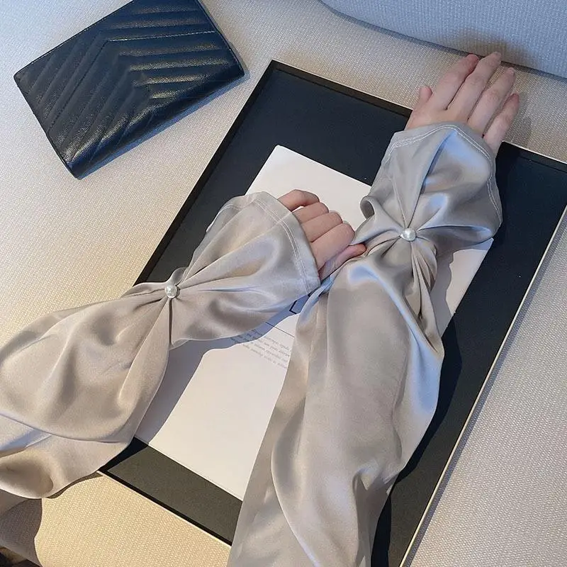 

Satin Silk Long Sleeve Elegant Pearl Sun Protection Arm Sleeves Breathable Sunscreen Arm Protectors Women Cycling Driving Sleeve