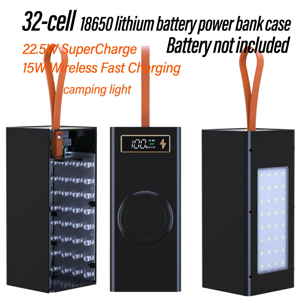 32 Cells 18650 DIY Power Bank Case Kit Detachable No Soldering Wireless Charge Camping Light Mobile Power Shell Without Battery