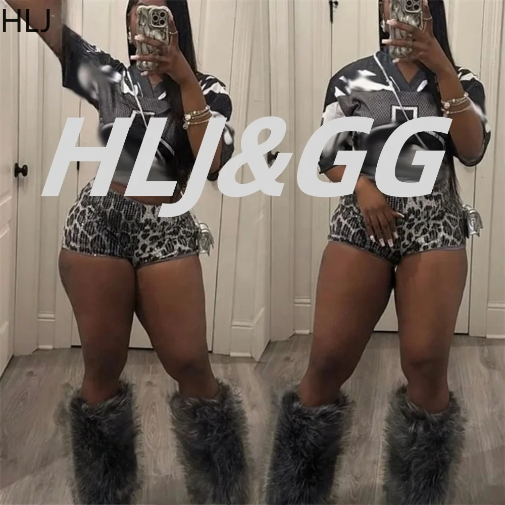 HLJ Spring Sequin Leopard Shorts Two Piece Sets Women V Neck Short Sleeve Loose Basketball Tshirts And Shorts Outfit Streetwear