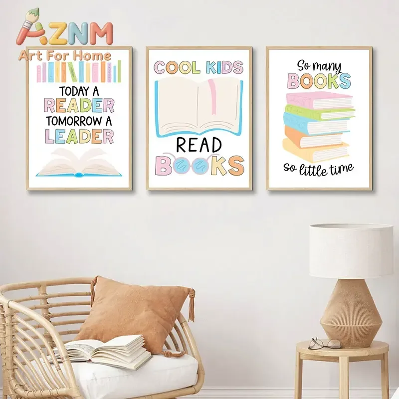 AZNM Kids Reading Quote Canvas Wall Art Colorful Book Theme Inspirational Text Art Print Unframed Canvas Poster for Playroom Lib