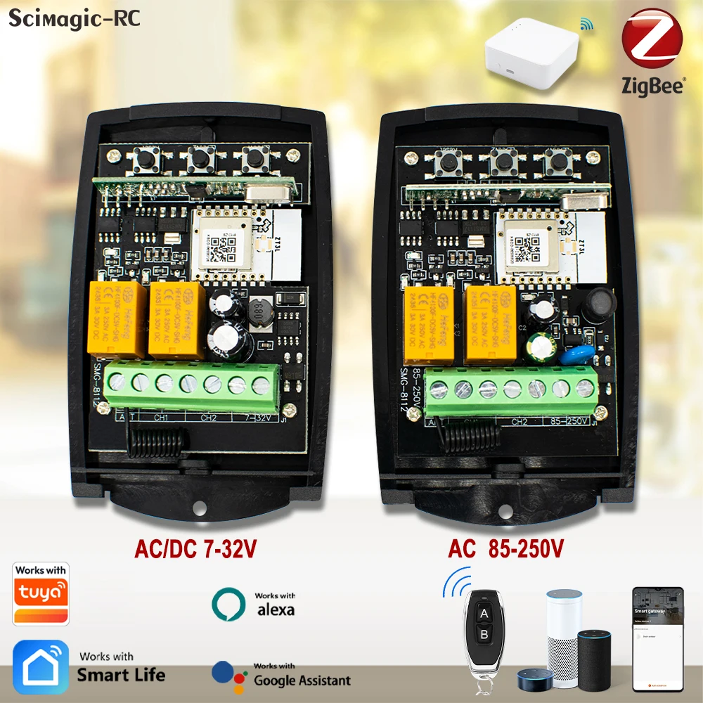 Zigbee 2 Channels Smart Garage Door Receiver Remote Control Relay Switch Opener Module Work With Alexa Google Home