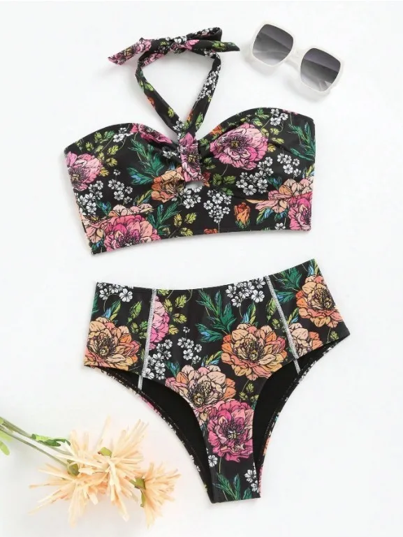 Biquíni de cintura alta feminino, biquíni push-up, boxers com estampa floral, roupa de banho, calção, roupa de banho, 2022