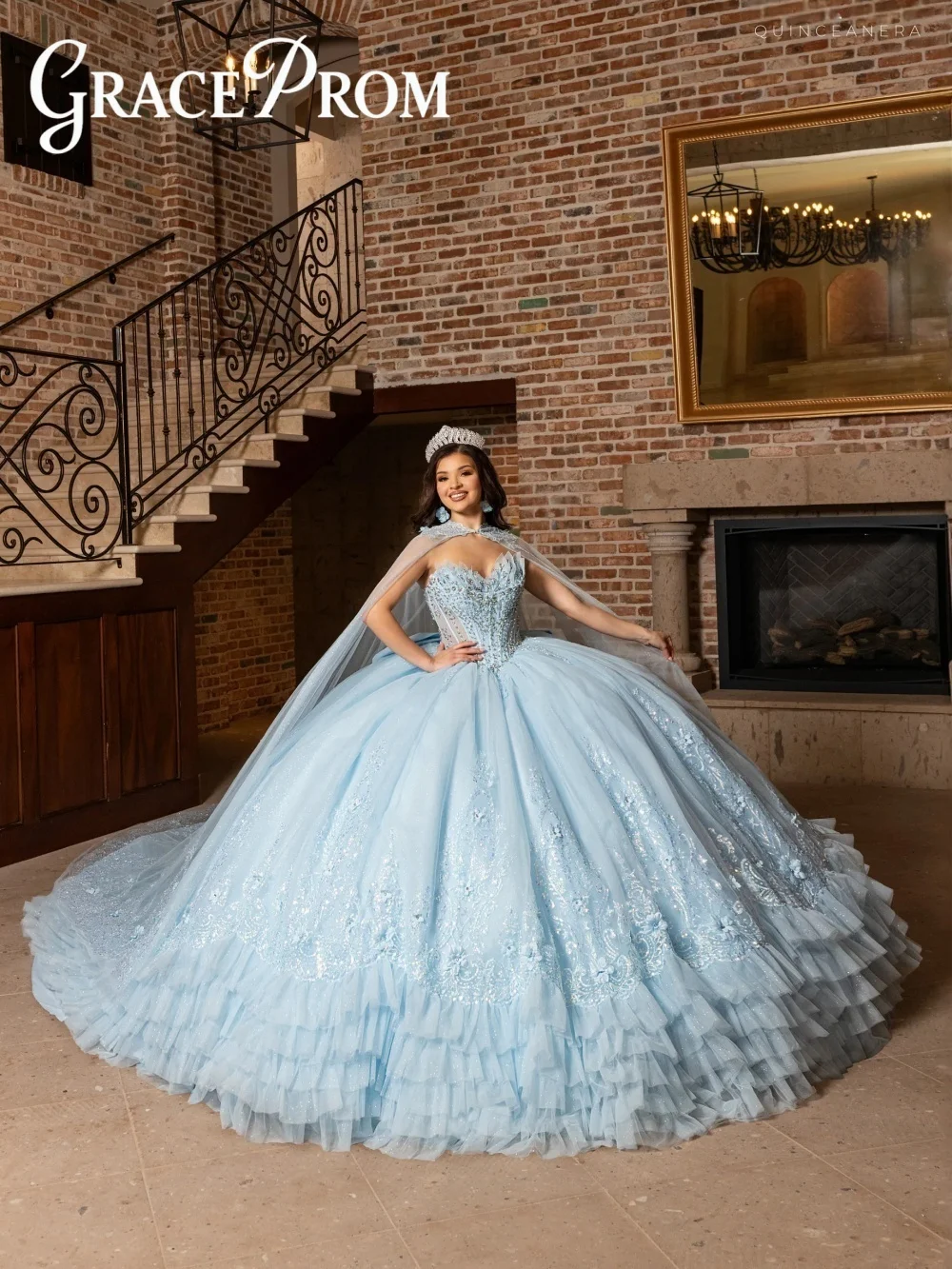 

Ethereal Sky Blue Quinceanera Dress With Sheer Tulle Cape 2026 Sweetheart Layered Ruffled Skirt Glitter For Sweet 16 Celebration