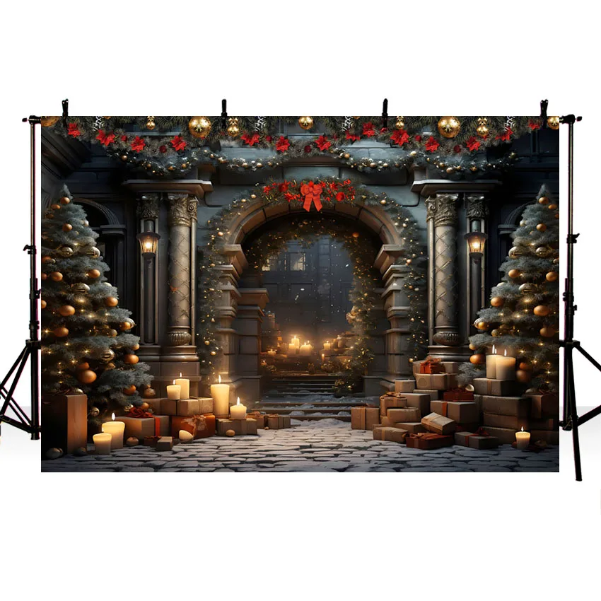 Mehofond ฉากหลังของการถ่ายภาพฉากหลังของปราสาทหิมะต้นคริสต์มาสวินเทจสำหรับเด็กครอบครัว