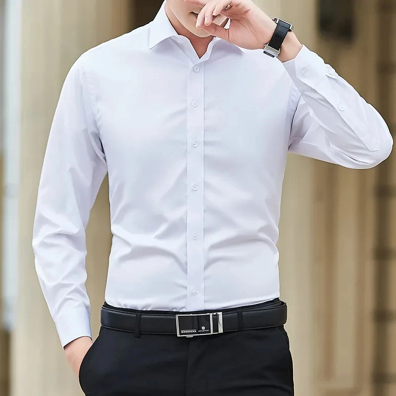 Mens Solid Color Business Shirt Fashion Classic Casual Slim Smooth White Long Sleeve Formal Social Soft Brand Clothes Plus 5XL