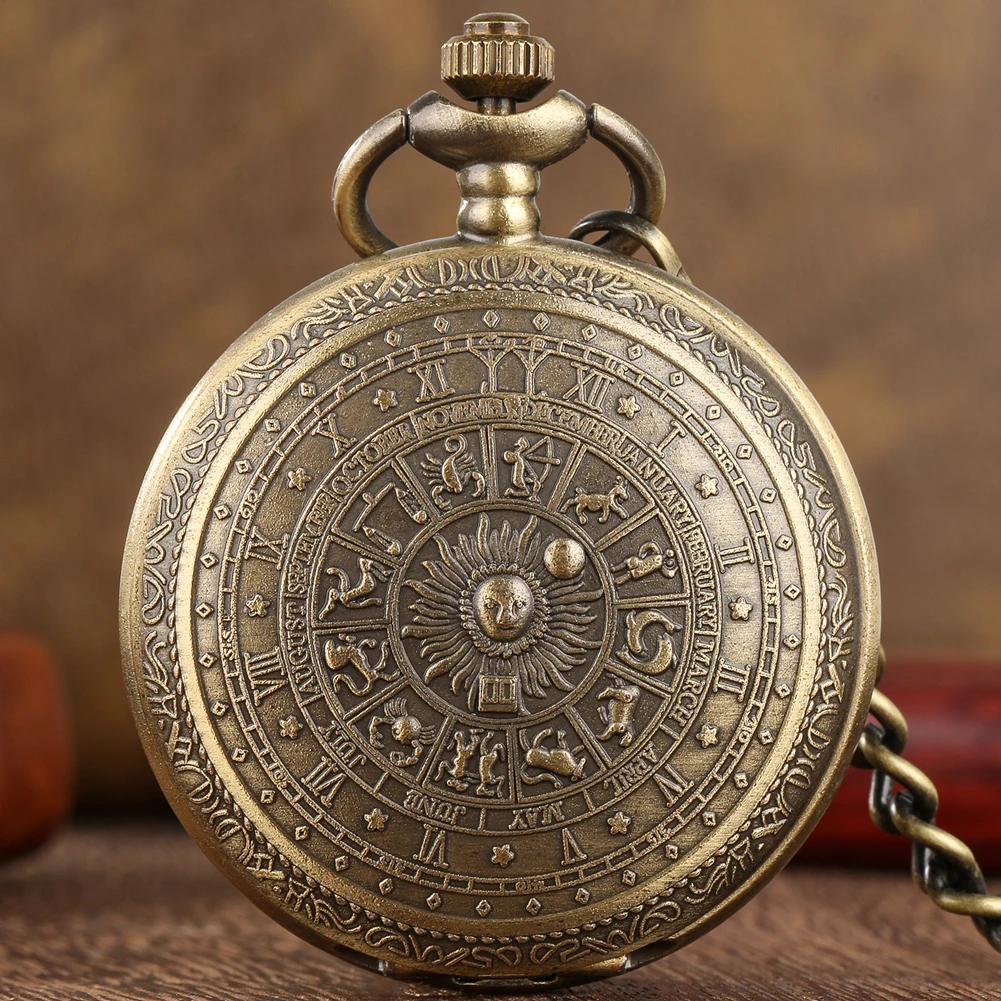 Bronze 12 Constellations Quartz Retro Pocket Watch Chain Pendant Pocket Clock Arabic Numeral Dial Antique Style Gift Timepiece