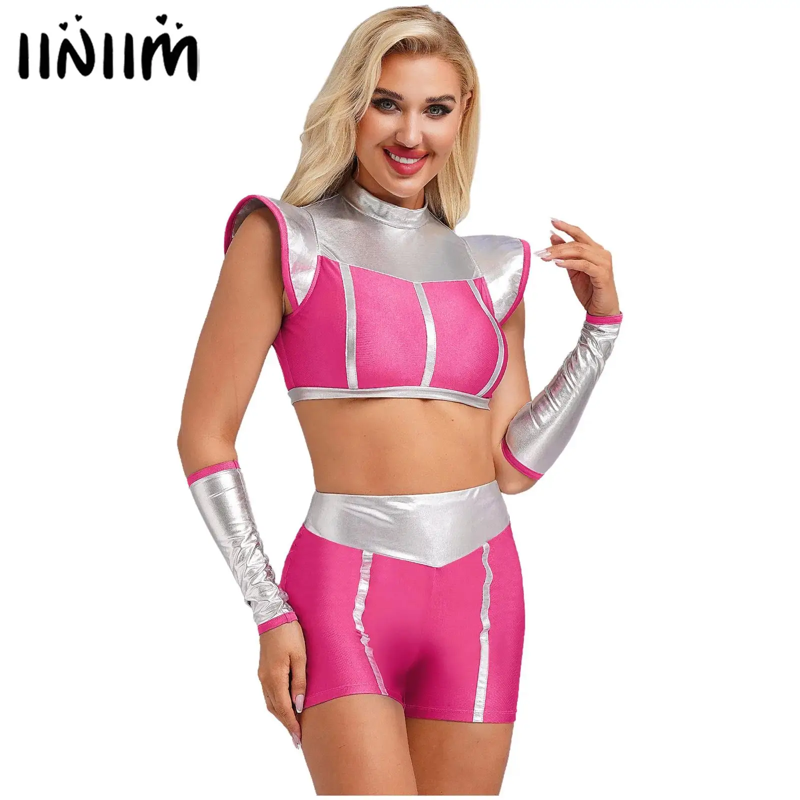 Womens Alien Outer Space Cutie Cosplay Costume Crop Top Shorts And Arm Sleeves Party Anime Astronaut Robot Roleplay Clothings