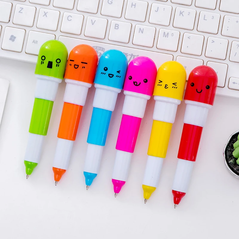 6pcs Cute Smiling Face Pill Ball Point Pen Novelty Stationery Telescopic Capsule