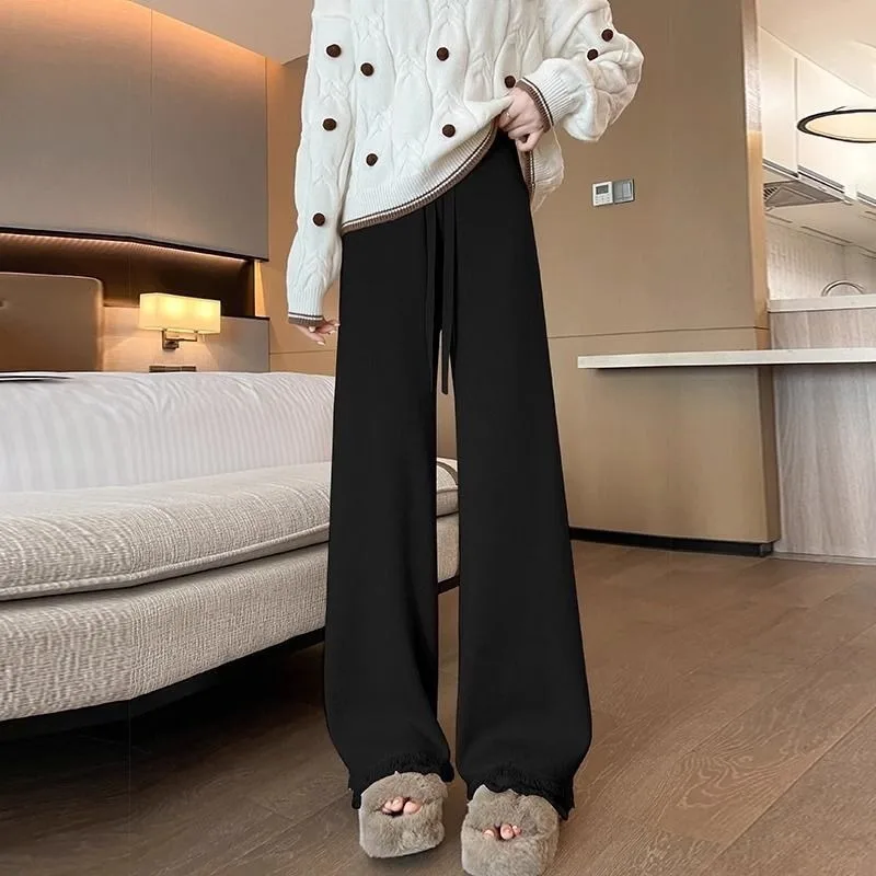 Wool Pants Women in Autumn Winter Thickened Knitted Wide-leg Pants High Waist Drooping Tassel Fur Edges