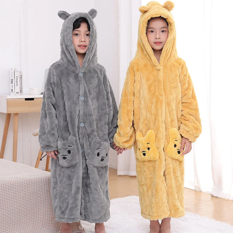 Parent Child Nightgown Hooded Flannel Bathrobe Kimono Gown Children's Adult Home Clothes Coral Fleece Thicked Sleepwear Dress