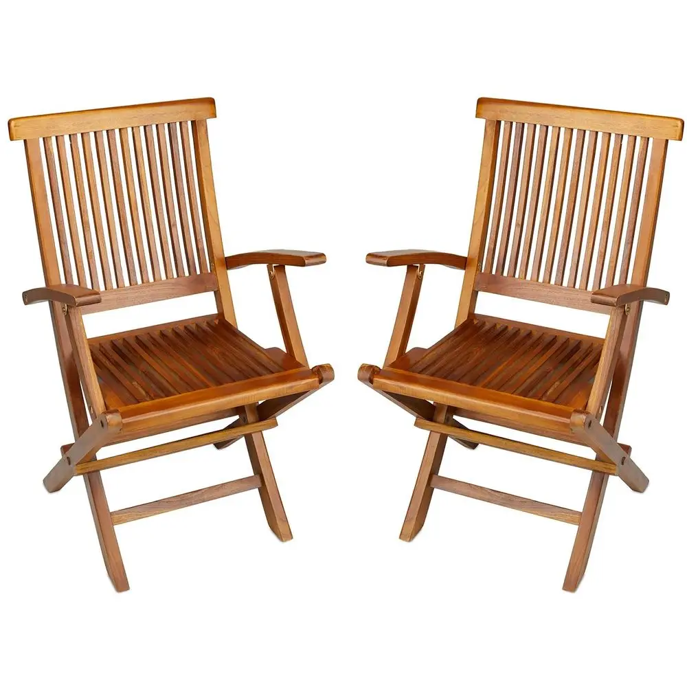 

Teak Folding Arm Chair 2 Piece Foldable Chairs Set Fully Assembled Solid Wooden Outdoor, Indoor Wood Dining Room, Kitchen, Pati