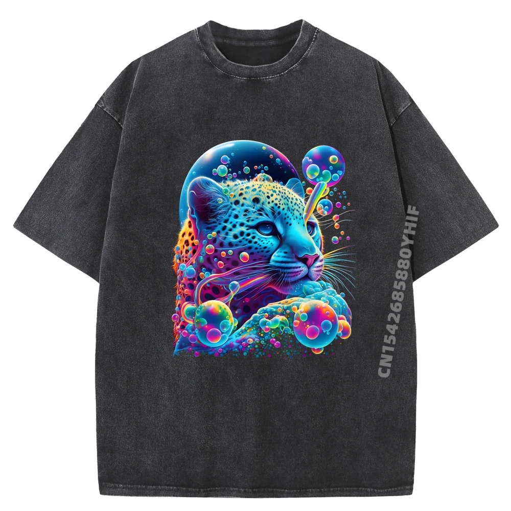 

Colorful Rainbow Cheetah Cute Oversized T Shirt Funny T Shirts Men Fashionable and Trendy Printed Washed T Shirt