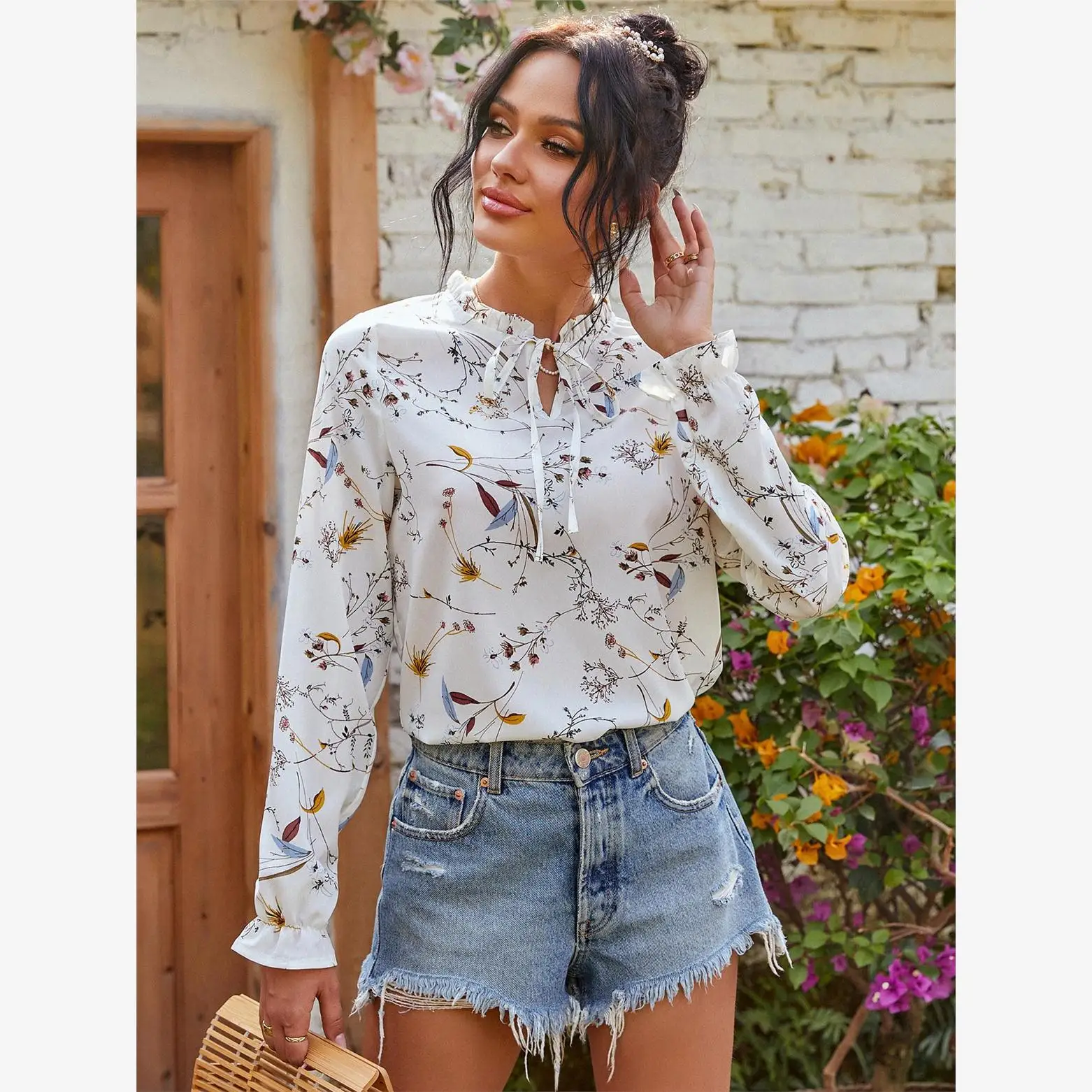 Primavera verão nova impressão floral irt feminino na moda versátil rolo colarinho amarrado cintura de malha longa sve ultra ort dr