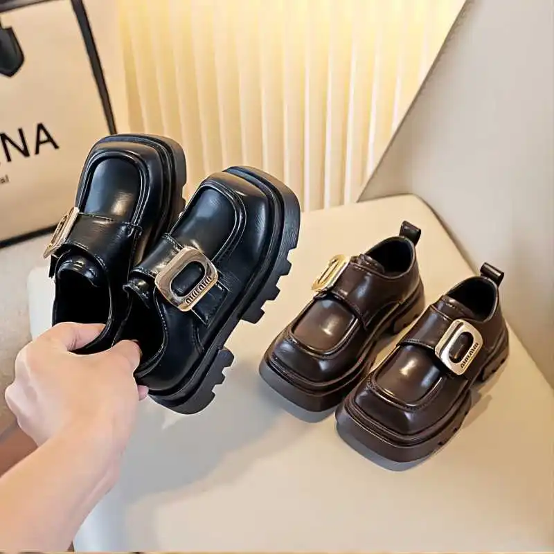 

Children Leather Shoes Girls Fashion Metal Buckle Casual Leather Shoes Solid Soft Sole Princess Shoes Size 26-36