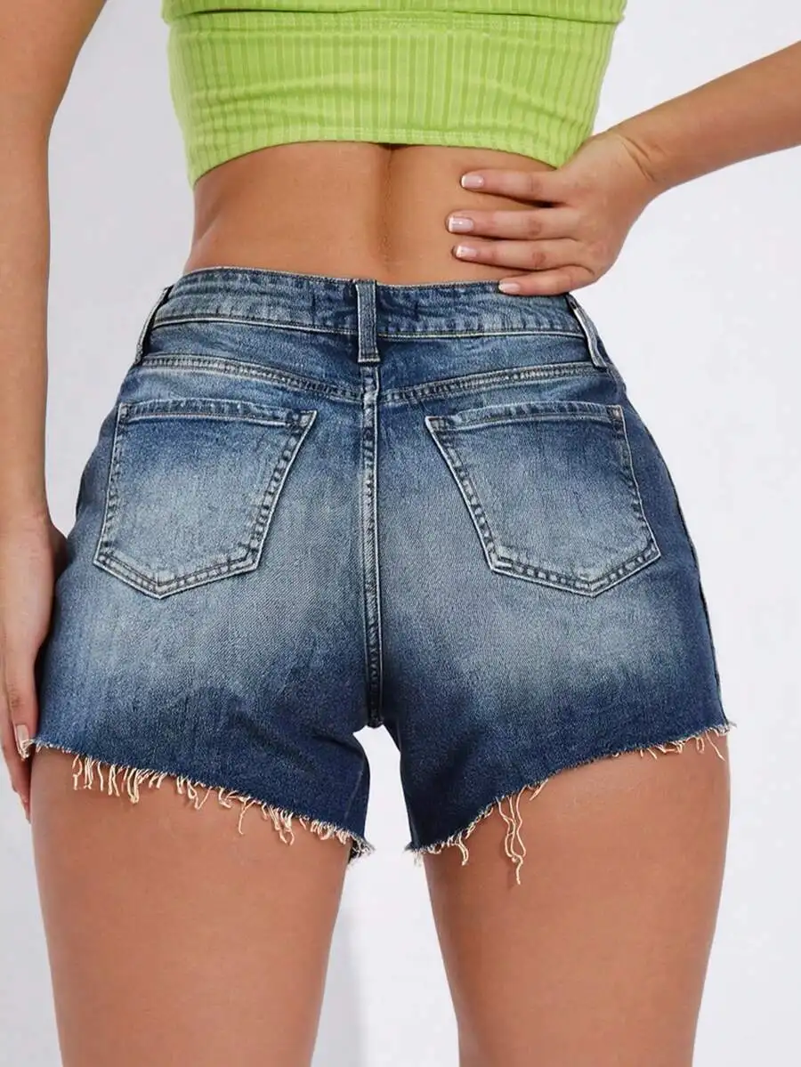 

High Rise Stretch Denim Shorts For Women With Pockets Raw Hem Casual Slim Fit