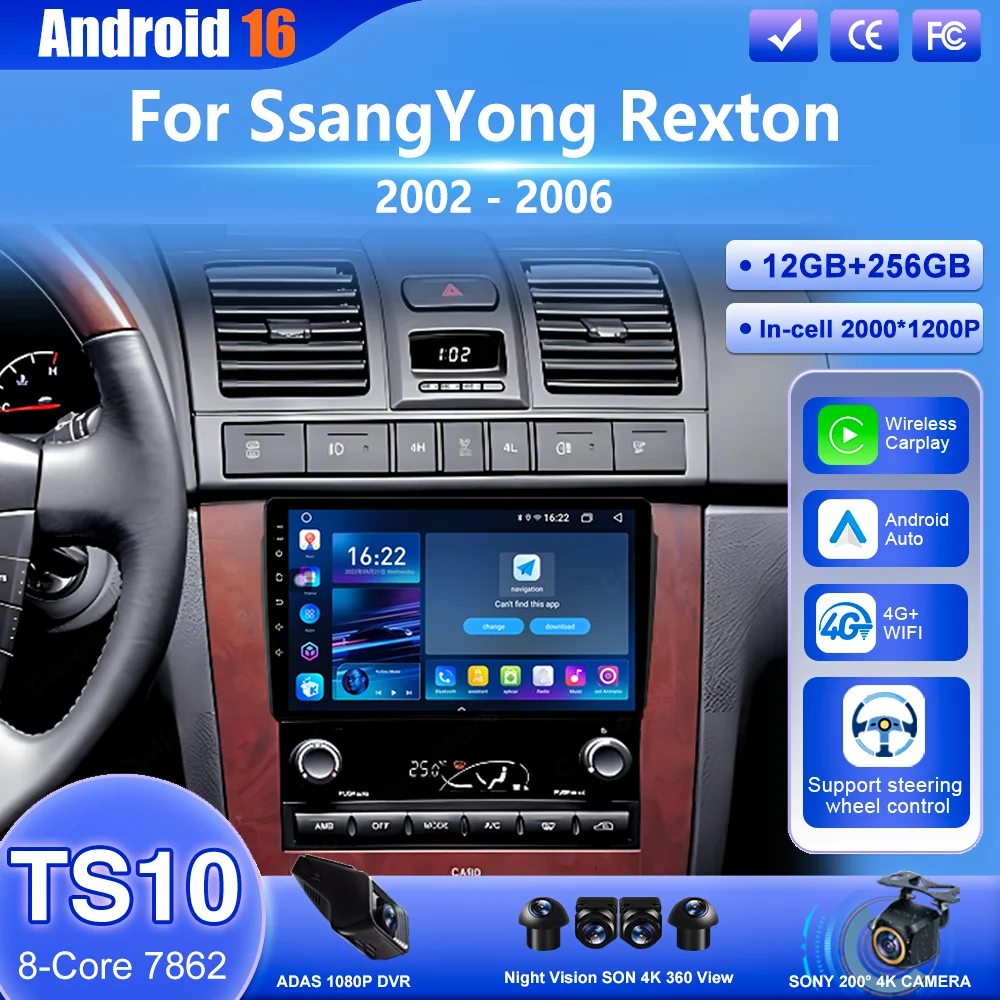 Android 16 Wireless Carplay Auto For SsangYong Rexton 2002-2006 Car Radio Stereo Navigation Multimedia Video Player DSP 4G WIFI