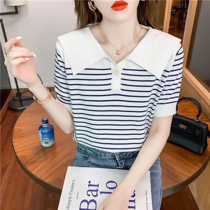 Ice Silk Short Sleeve T-shirt for Women\'s Summer New Striped Polo Neck Thin All-match Youth Tops Sweet Fashion Korean Clothing