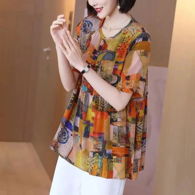 Vintage Printed O-Neck Spliced Loose Blouse Women's Clothing 2023 Spring New Oversized Casual Pullovers Commute Shirt