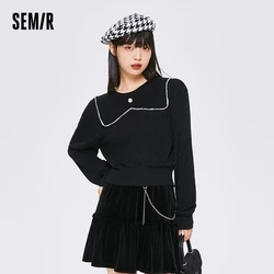 Semir Knitwear Women Short Black Jacquard Lapel Puff Sleeves 2022 Autumn New Elegant Girls Bottoming Sweater