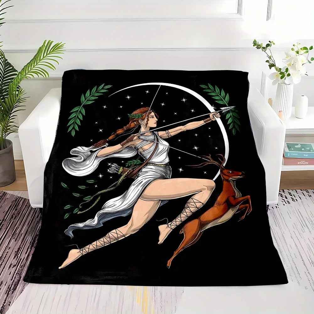 Goddess Artemis Moon Deer Hunting Celestial Boho Mythological Print Throw Blanket for Witchy Aesthetic Cozy Home Decor