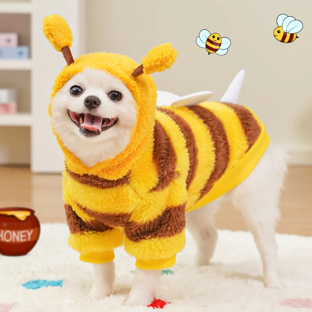

Dog Bee Costume Cat Bee Hoodie, Yellow Bumblebee Plush Sweater Winter Warm Clothes for Small Medium Pets, Cute Animal Puppy Kitt
