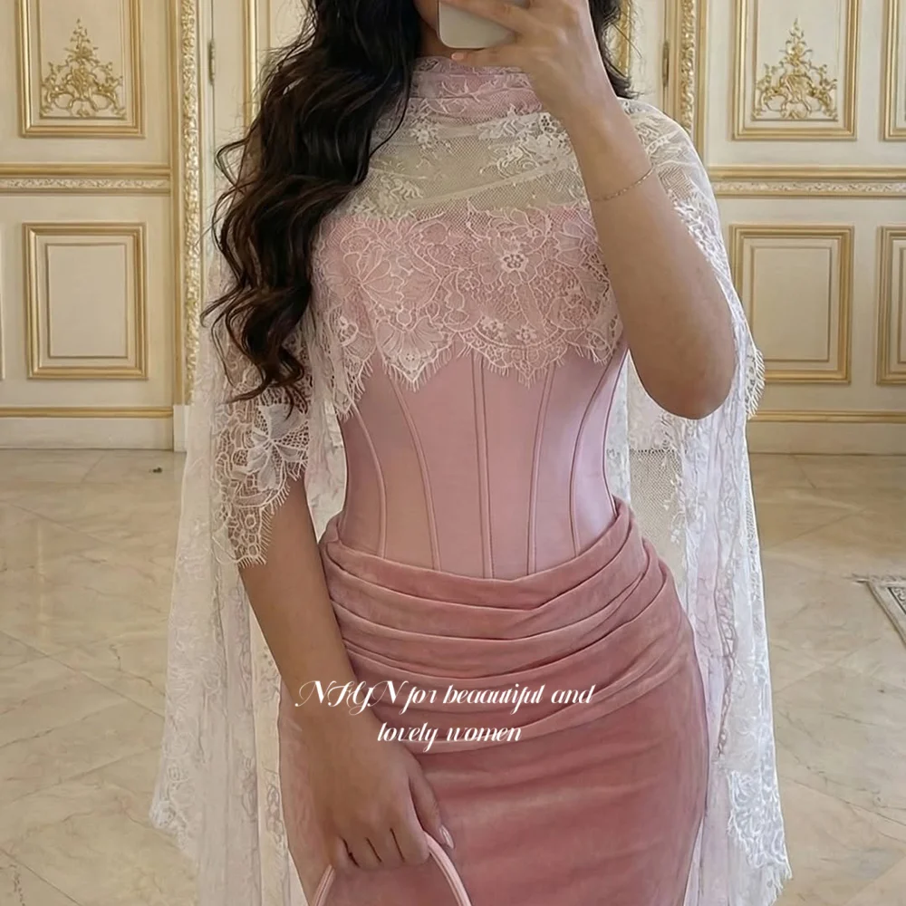 

NFYN Velvet Mermaid Prom Dress Fish Boned Evening Dress Lace Cape Sleeve Party Dresses with Pleats Customized