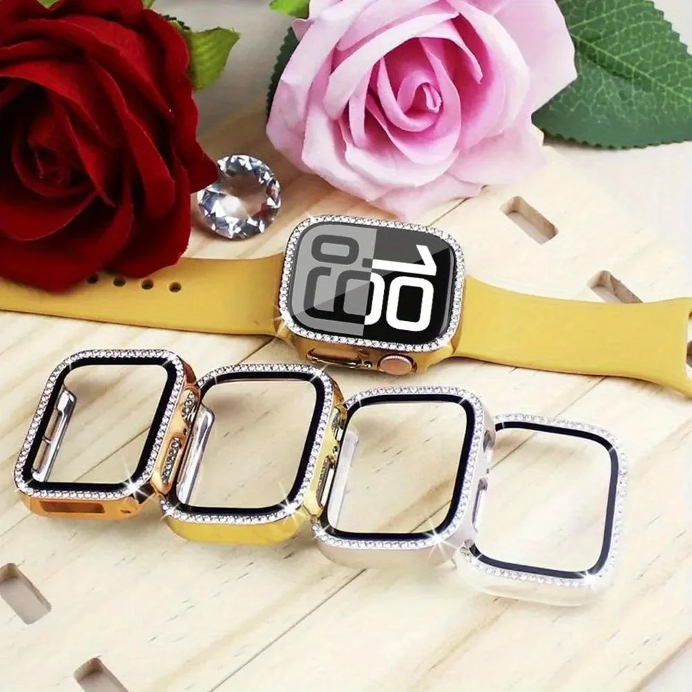 Glas + Diamantgehäuse für Apple Watch 46 mm 42 mm 44 mm-40-41-45 mm Serie 11 10 9 8 7 6 5 SE Bling Bumper Displayschutzfolie Zubehör