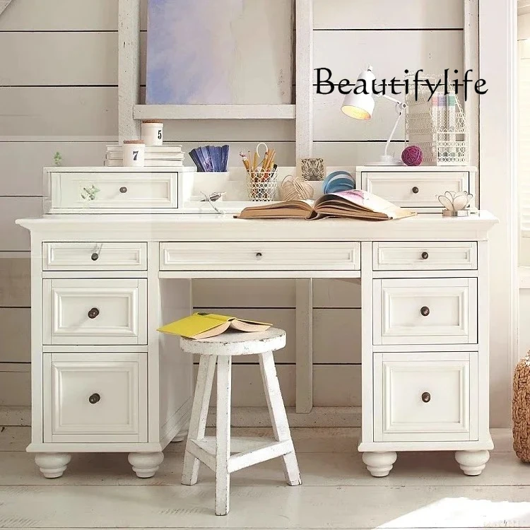 

European-style simple modern Mediterranean white solid wood desk American small apartment