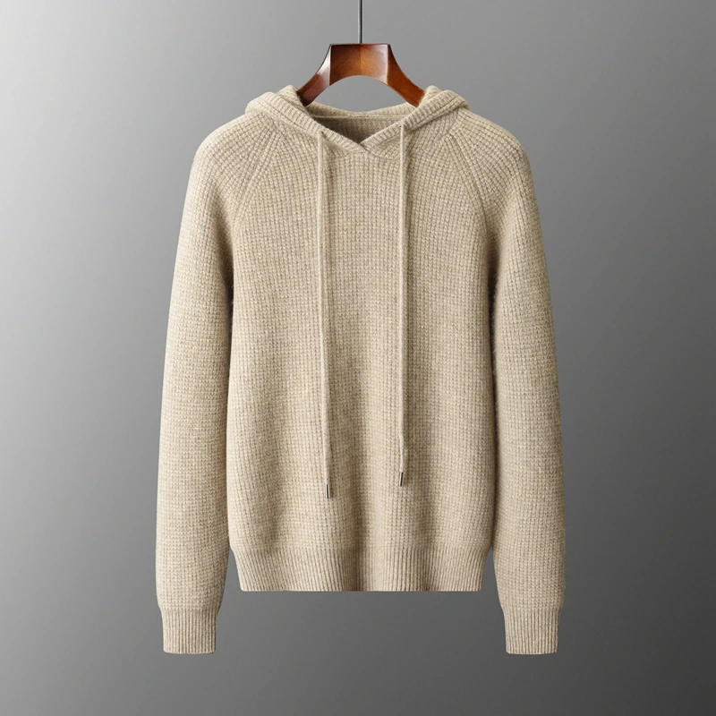 Suéter de cachemira pura 100% de gofre grueso, prendas de punto con capucha para hombre, sudadera holgada con manga raglán, suéter versátil