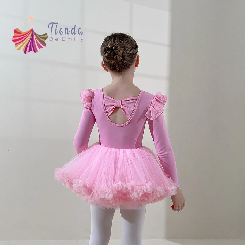 New Ballet Dancewear Girl Cute Tutu Dress Long Sleeve Leotard Ruffle Neck Swan Lake Party Costumes Ballerinas Front Lined Pink