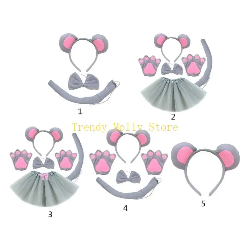 N5KB 1/3/4/5 Stuks Muis Kostuum voor Kinderen-Muis Oren Hoofdband Staart Bowtie staart Handschoenen Tutu Rok Dier Cosplay