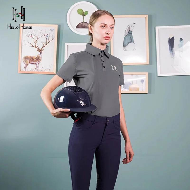Hello Horse Kaus Polo Pelindung Matahari Lengan Pendek Olahraga Berkuda Kaus Berkuda Penyerap Kelembapan dan Cepat Kering Pakaian Berkuda Musim Panas Atasan Peralatan Ksatria