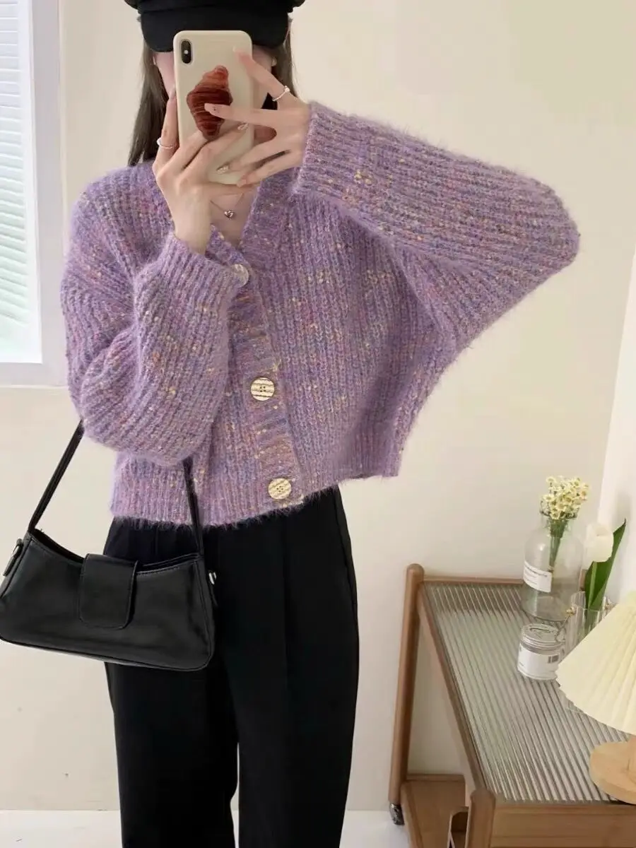 Women Chunky Mohair Cardigan Soft Melange Knit V-neck Button Down Sweater Jacket Pastel Lilac Fall Winter Casual Chic Outfit