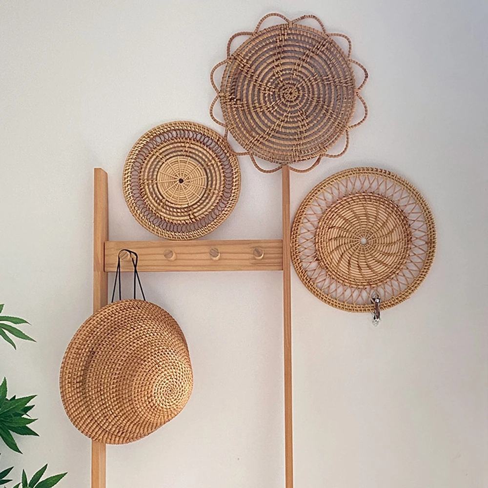 Rattan Wall Hanging Woven Plate Wall Decoration Boho Straw Rattan Round Basket Decoration Rustic Farmhouse Hanging Home Decor