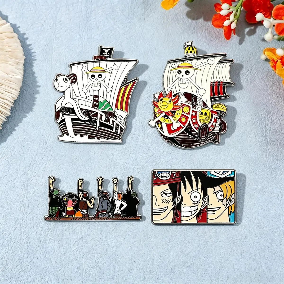 4Pcs One Piece Anime Enamel Pins Set, Going Merry Thousand Sunny Ship Metal Lapel Brooch, Cosplay Jewelry Decor Gift image 5