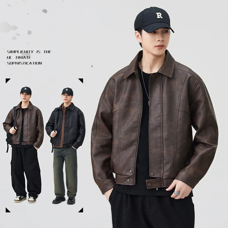 

Retro American Sle Men's PU Leather Jaet Motorcycle Street Sle Trendy Clothes Stand Fit Youth Daily Wear Resistant t...