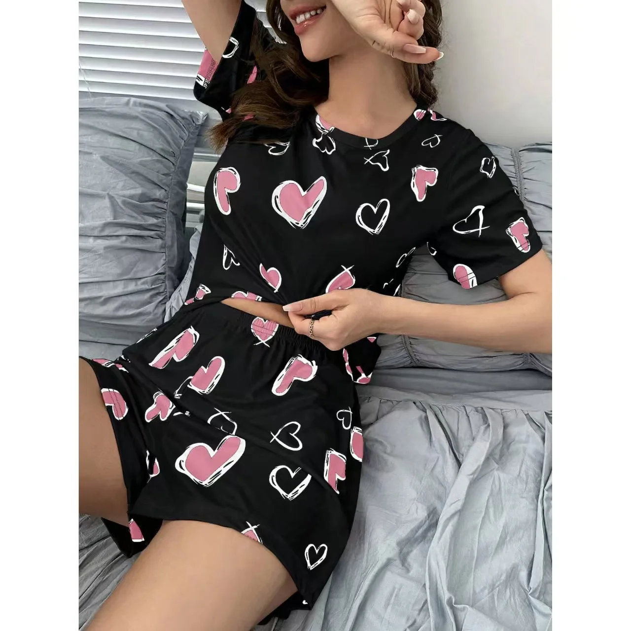 

Summer 2026 New Short-Sleeved Shorts Pajamas Women's Cartoon Cute Girl Cardigan Set Ladies Sleepwear Breathable Homewear