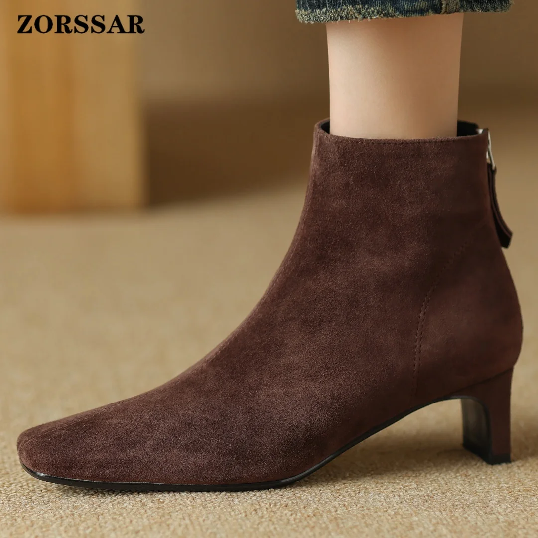 Women's Natural Suede Leather 4.5cm Kitten Heel Square Toe Back Zip Autumn Ankle Boots Elegant Ladies Slim Dress Short Booties