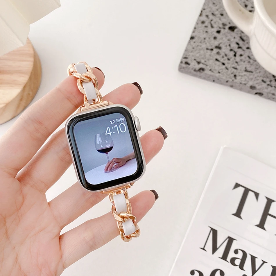 Correa de cuero de una sola cadena de lujo para Apple Watch Ultra 49 mm iWatch Series 7 8 6 SE 4 5 3 38/40/41 mm 42/44/45 mm Pulsera de acero inoxidable Moda INS