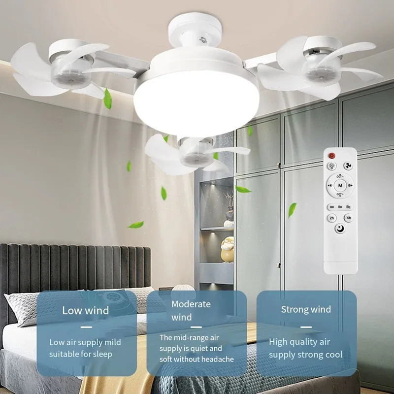 E27 Lampu Kipas Langit-langit LED dengan Fungsi Peredup Remote Control 50-60W Lampu Langit-langit Lampu Kipas Berbentuk Drone untuk Ruang Tamu, Belajar