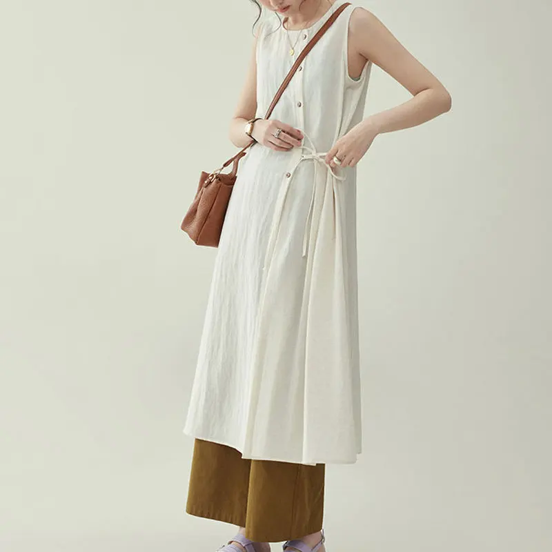 Summer Solid Color Sleeveless Shirt Fashion Split Drawstring Female Clothing Casual O-Neck Commute Basic Single-breasted Blouse