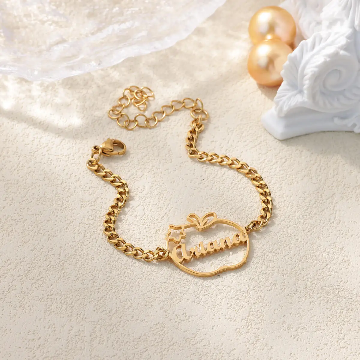 

Personalized Name Bracelet For Women Gold Color Apple Pattern Bracelets Customized Stainless Steel Jewelry Wholesale