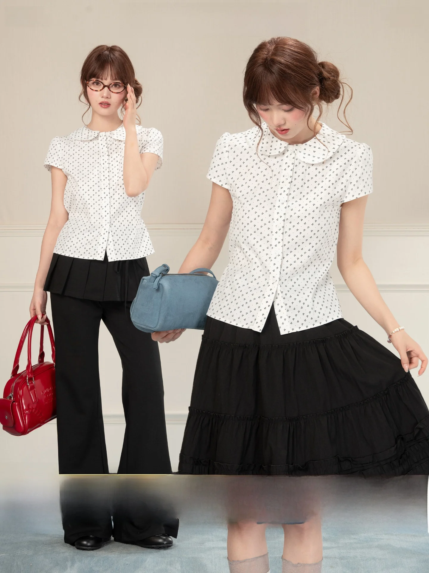 

Heynew Polka Dot Doll Collar Short Sleeve Women's Summer Shirt Loose Beautiful Top Casual Style Nylon Fabric Gift of Childhood