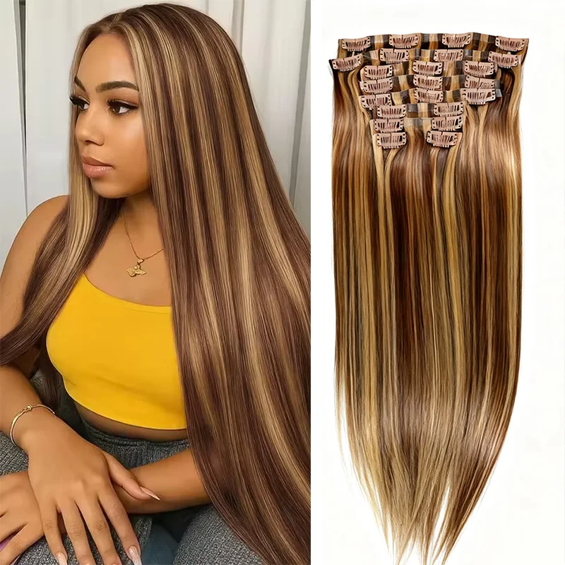 P4/27 하이라이트 옴브레 클립인 인모 헤어 익스텐션 120G 본 스트레이트 클립인 헤어 익스텐션 레미 생모 100% 리얼 인모