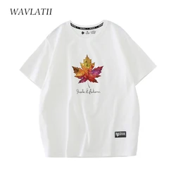 Wavlatii-女性用の柔らかい綿のTシャツ,波と葉のプリントが施されたピンクの半袖サマートップwt2301