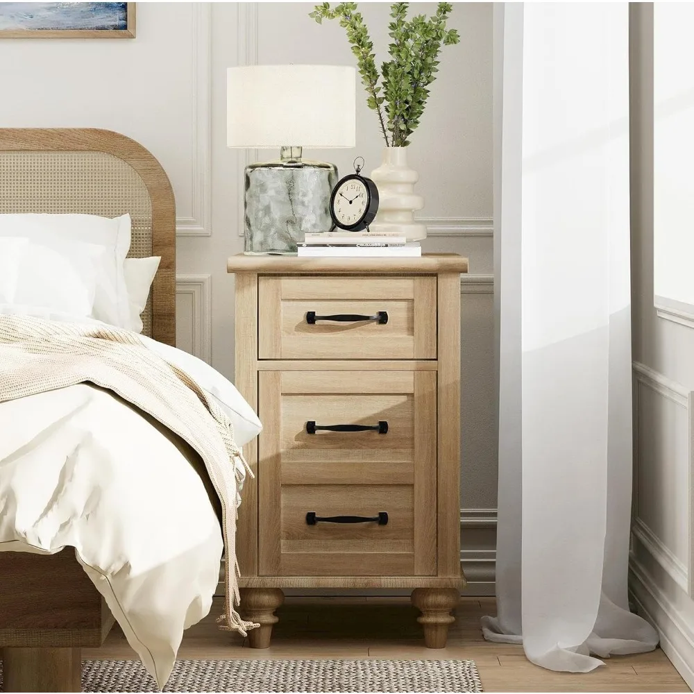 

Farmhouse Nightstand with Charging Station, Narrow Sofa Side Table with Storage Cabinet & Drawer, Wooden Bedside Table