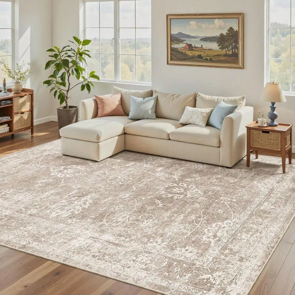 

Area Rugs For Living Room, Machine Washable Vintage Rug With NonSlip Backing, Soft Large Throw Rug, Thin Carpet For Bedroom Din