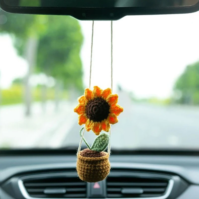 Cute Car Mirror Hanging accessori fatti a mano lavorati a maglia lavorati a maglia all'uncinetto pianta in vaso vista posteriore Decor ornamenti interni per auto